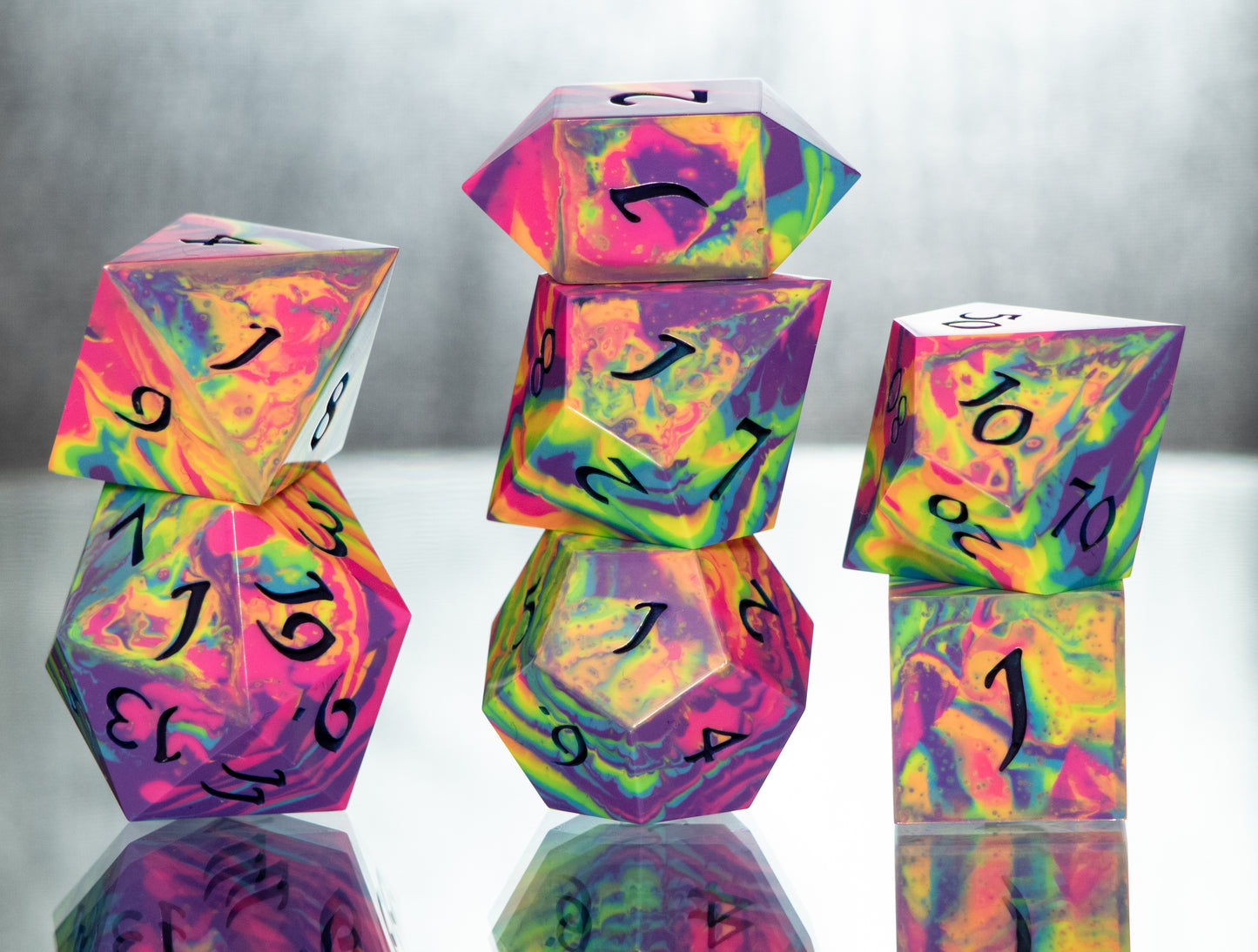 Neon Rainbow Dirty Pour: 7 Piece Handmade Resin Dice