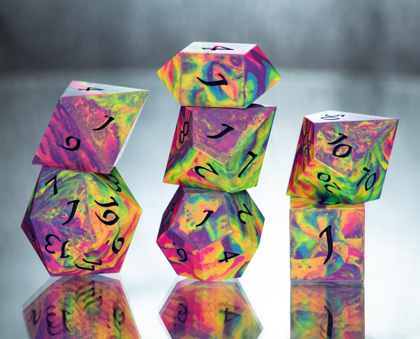 Neon Rainbow Dirty Pour: 7 Piece Handmade Resin Dice