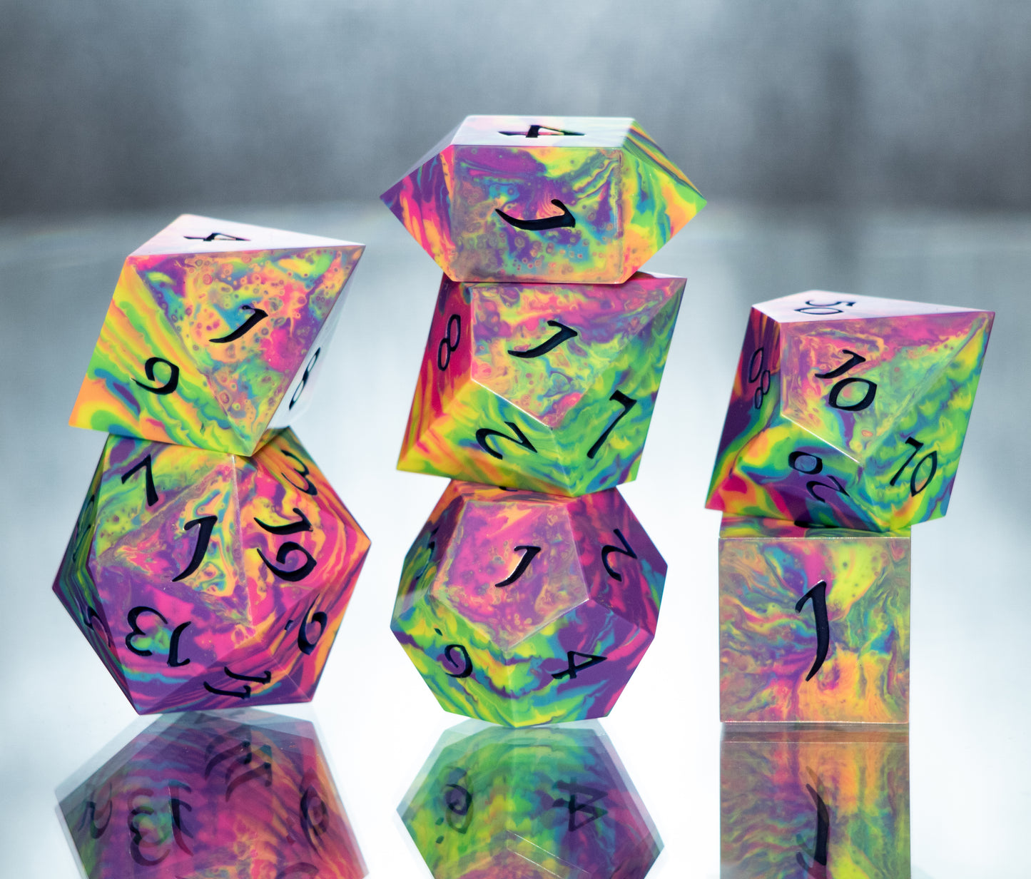 Neon Rainbow Dirty Pour: 7 Piece Handmade Resin Dice