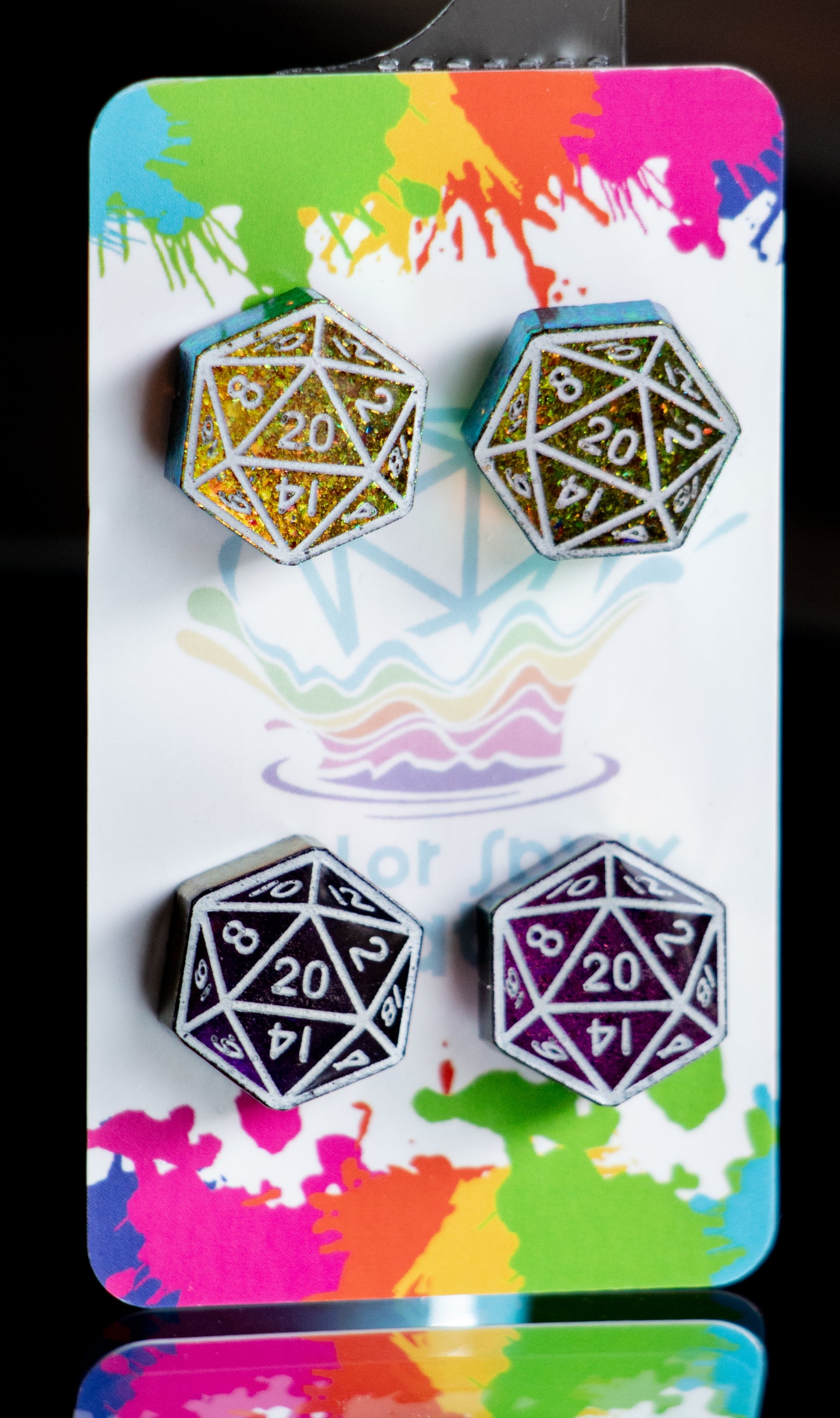D20 Stud Earrings - 2 Pairs (Green & Purple)