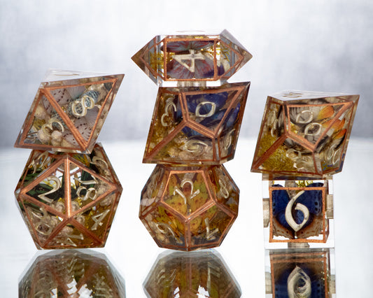 Copper Floral Lepidoptera - 7 Piece Handmade Resin Dice