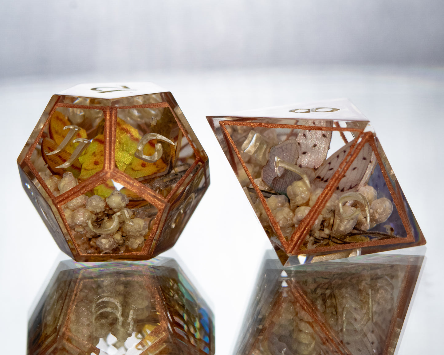 Copper Floral Lepidoptera - 7 Piece Handmade Resin Dice