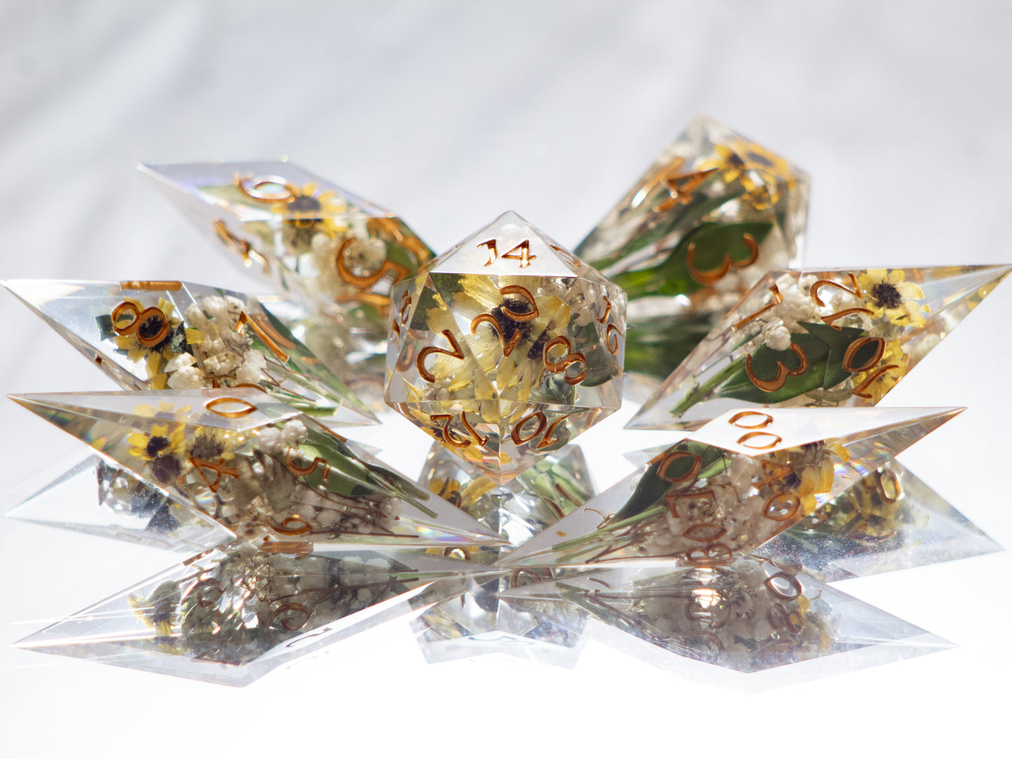 Sunflower Meadow - Sharp 7 Piece Handmade Resin Dice