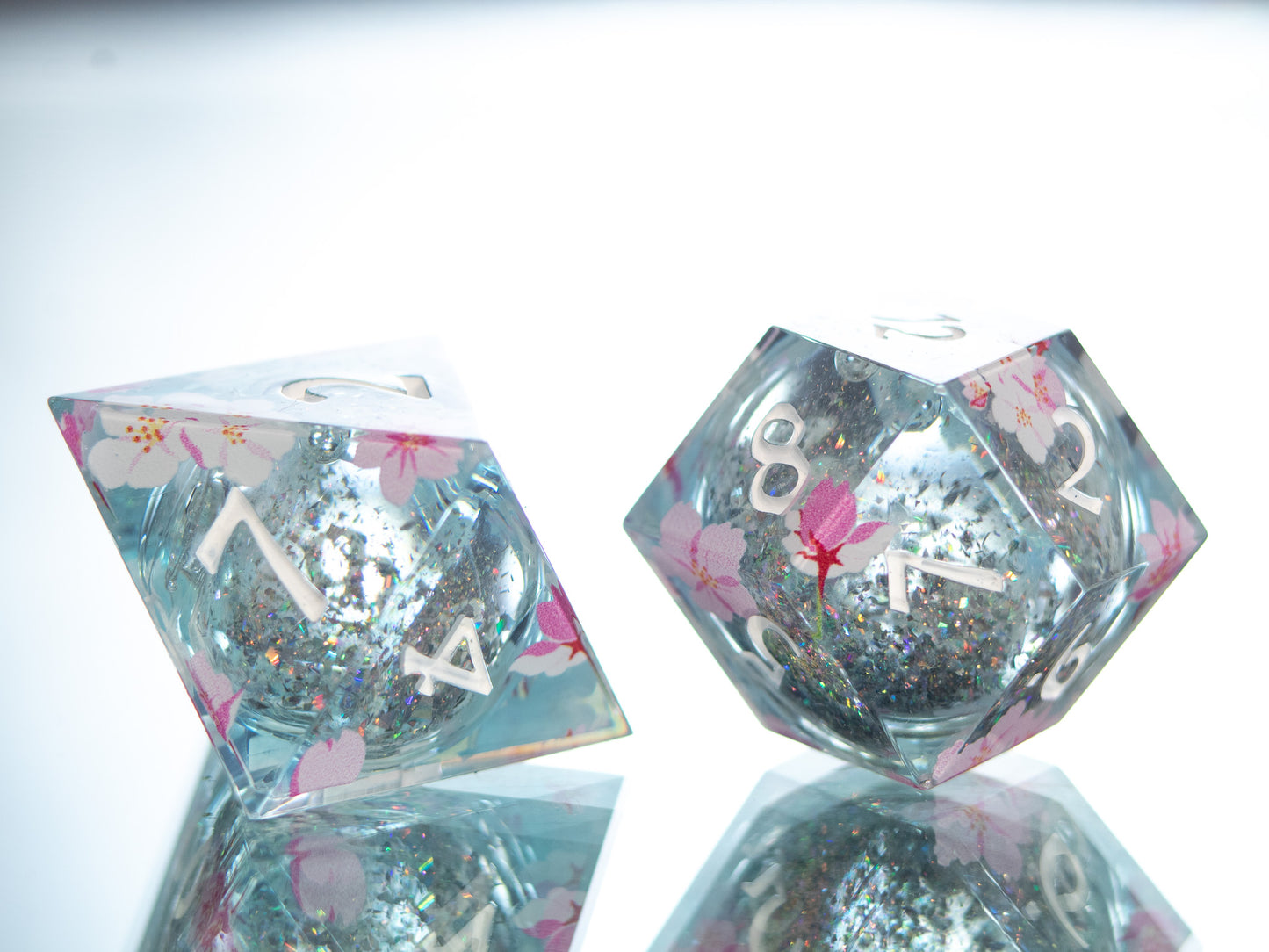 Sakura on the Water - 7 Piece Handmade Liquid Core Dice