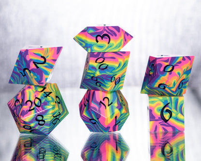 Neon Rainbow Dirty Pour: 7 Piece Handmade Resin Dice