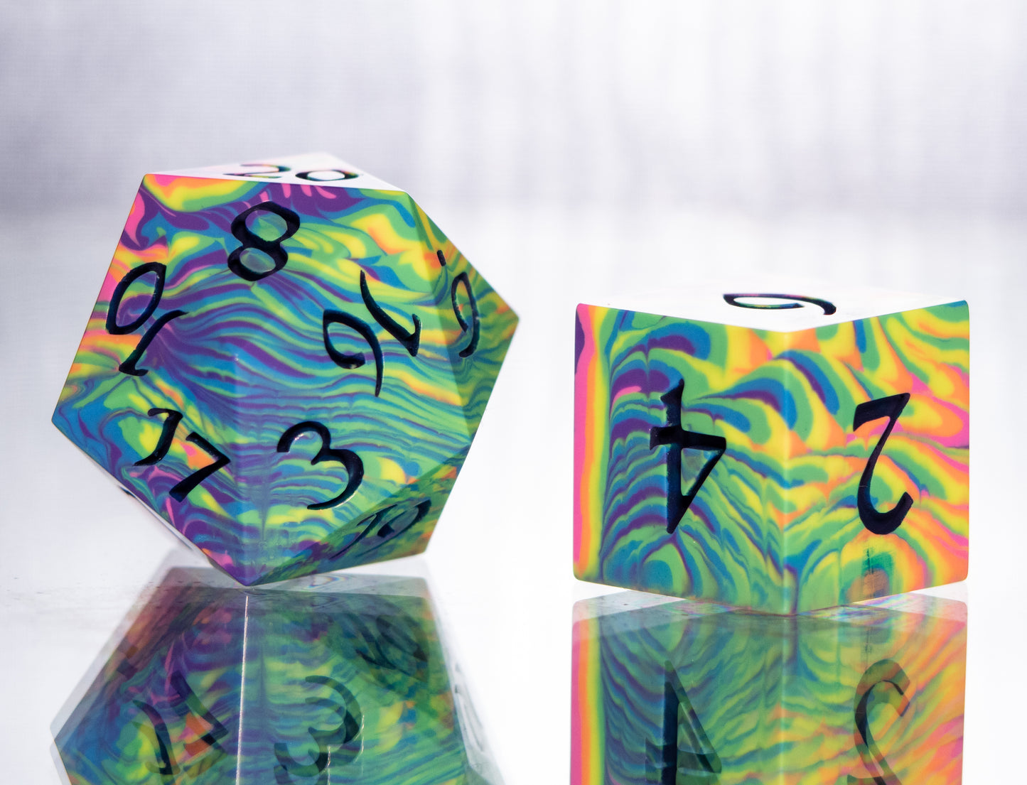 Neon Rainbow Dirty Pour: 7 Piece Handmade Resin Dice