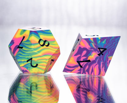 Neon Rainbow Dirty Pour: 7 Piece Handmade Resin Dice