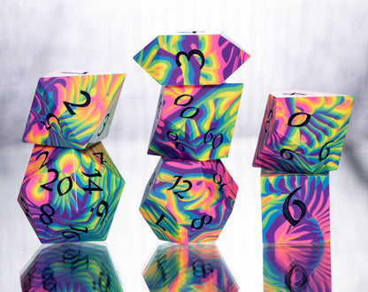 Neon Rainbow Dirty Pour: 7 Piece Handmade Resin Dice