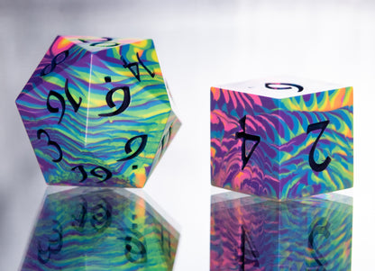 Neon Rainbow Dirty Pour: 7 Piece Handmade Resin Dice