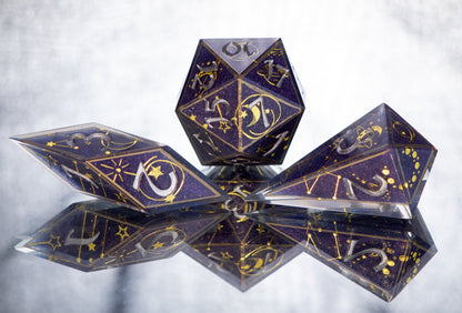 Written in the Stars Purple Variant -Sharp 7 Piece Handmade Resin Dice