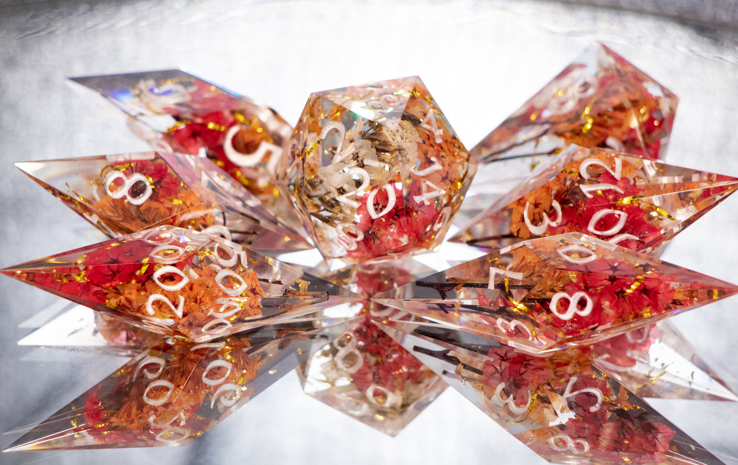 Set Your Heart Ablaze - Sharp 7 Piece Handmade Resin Dice