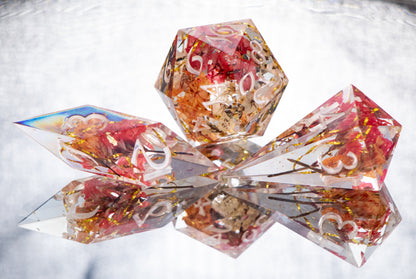 Set Your Heart Ablaze - Sharp 7 Piece Handmade Resin Dice