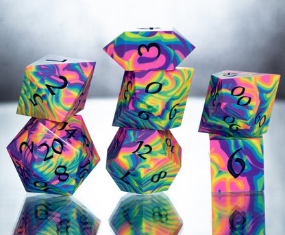 Neon Rainbow Dirty Pour: 7 Piece Handmade Resin Dice