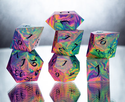 Neon Rainbow Dirty Pour: 7 Piece Handmade Resin Dice