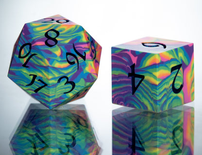 Neon Rainbow Dirty Pour: 7 Piece Handmade Resin Dice