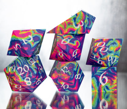 Neon Rainbow Dirty Pour: Alt 7 Piece Handmade Resin Dice