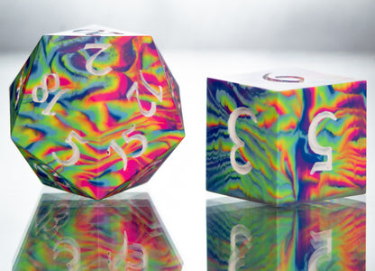 Neon Rainbow Dirty Pour: Alt 7 Piece Handmade Resin Dice