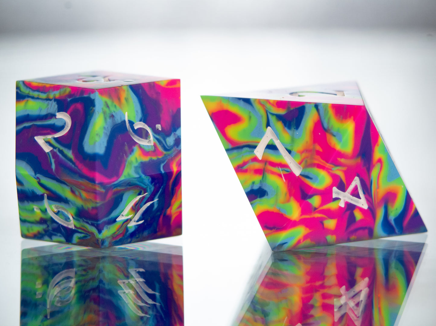 Neon Rainbow Dirty Pour: Alt 7 Piece Handmade Resin Dice