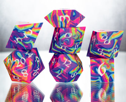 Neon Rainbow Dirty Pour: 7 Piece Handmade Resin Dice