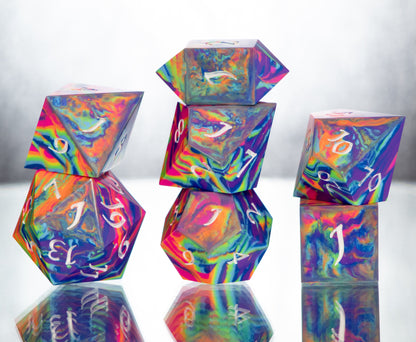 Neon Rainbow Dirty Pour: 7 Piece Handmade Resin Dice