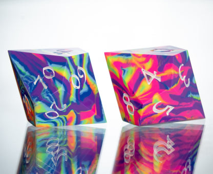 Neon Rainbow Dirty Pour: 7 Piece Handmade Resin Dice