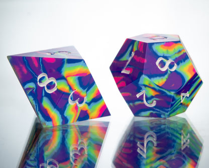 Neon Rainbow Dirty Pour: 7 Piece Handmade Resin Dice