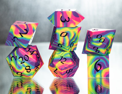 Neon Rainbow Dirty Pour: 7 Piece Handmade Resin Dice