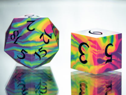 Neon Rainbow Dirty Pour: 7 Piece Handmade Resin Dice