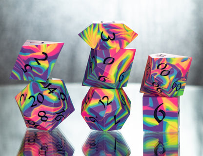 Neon Rainbow Dirty Pour: 7 Piece Handmade Resin Dice