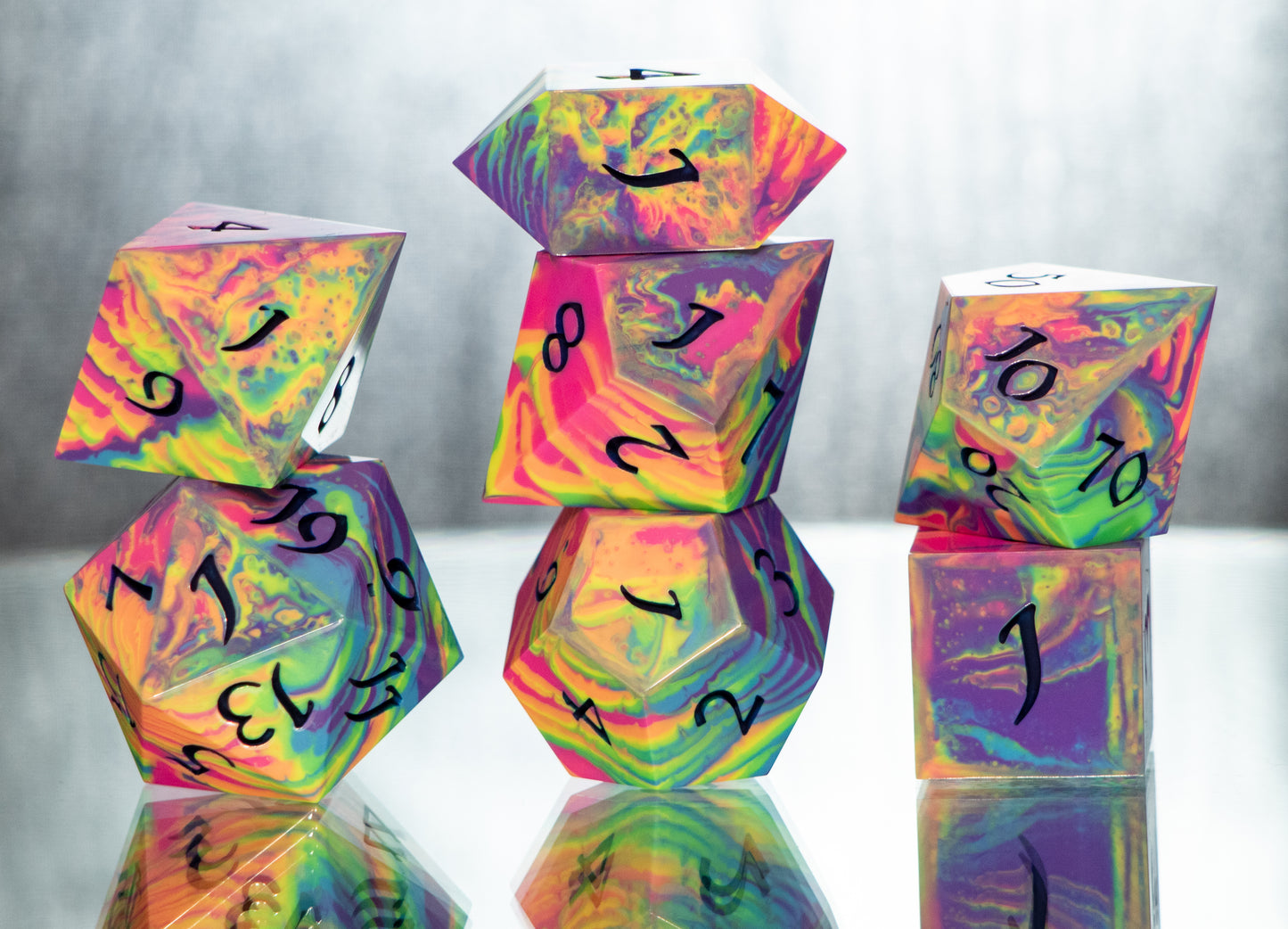 Neon Rainbow Dirty Pour: 7 Piece Handmade Resin Dice