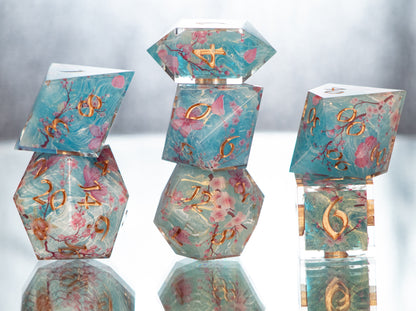 Sakura on the Water - 7 Piece Handmade Resin Dice