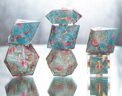 Sakura on the Water - 7 Piece Handmade Resin Dice