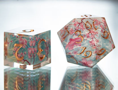 Sakura on the Water - 7 Piece Handmade Resin Dice