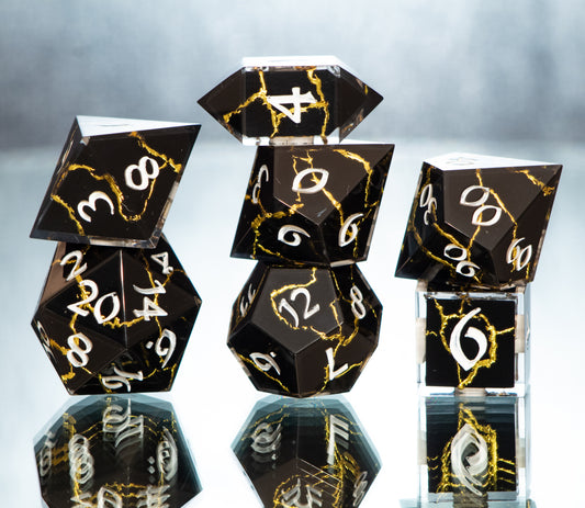 Obsidian Kintsugi - 7 Piece Handmade Resin Dice