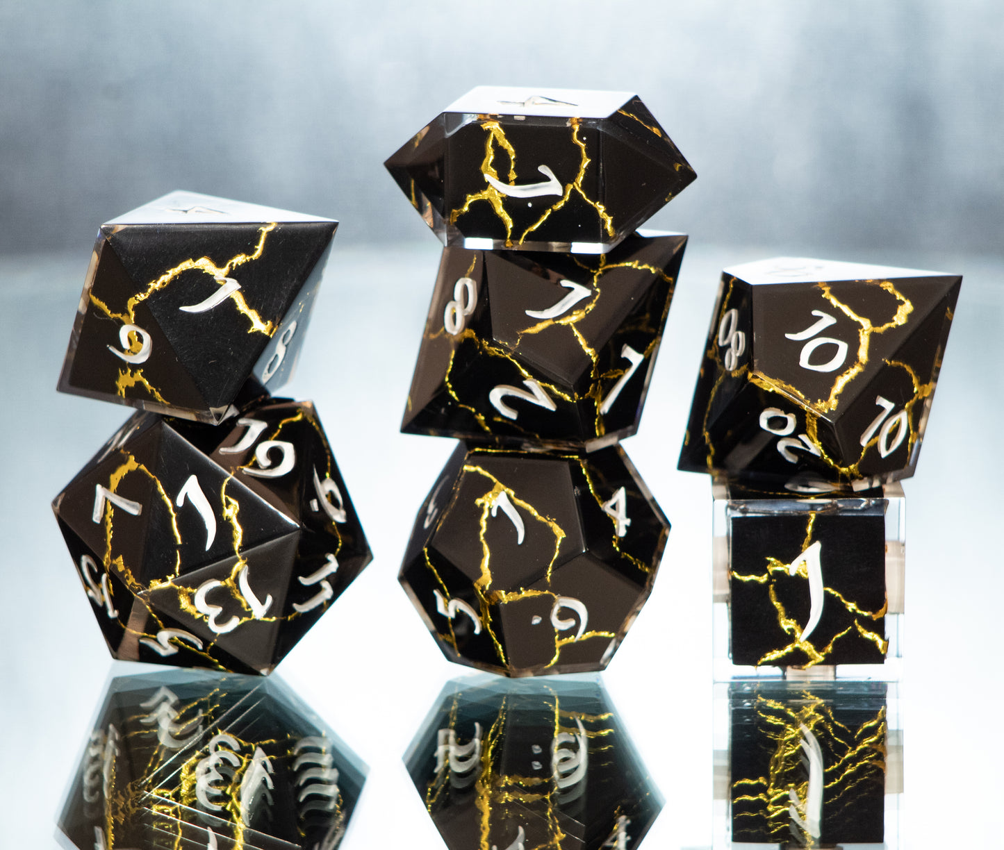 Obsidian Kintsugi - 7 Piece Handmade Resin Dice