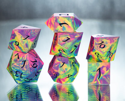 Neon Rainbow Dirty Pour: 7 Piece Handmade Resin Dice