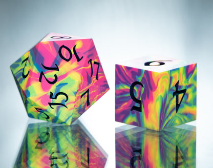 Neon Rainbow Dirty Pour: 7 Piece Handmade Resin Dice