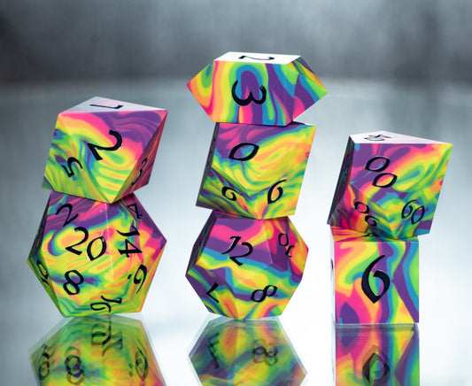 Neon Rainbow Dirty Pour: 7 Piece Handmade Resin Dice