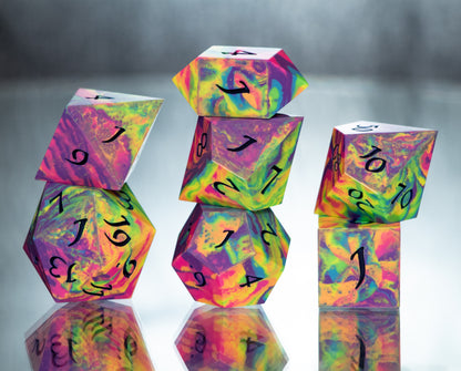 Neon Rainbow Dirty Pour: 7 Piece Handmade Resin Dice