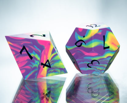 Neon Rainbow Dirty Pour: 7 Piece Handmade Resin Dice