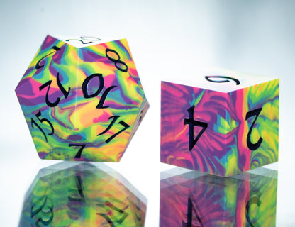 Neon Rainbow Dirty Pour: 7 Piece Handmade Resin Dice