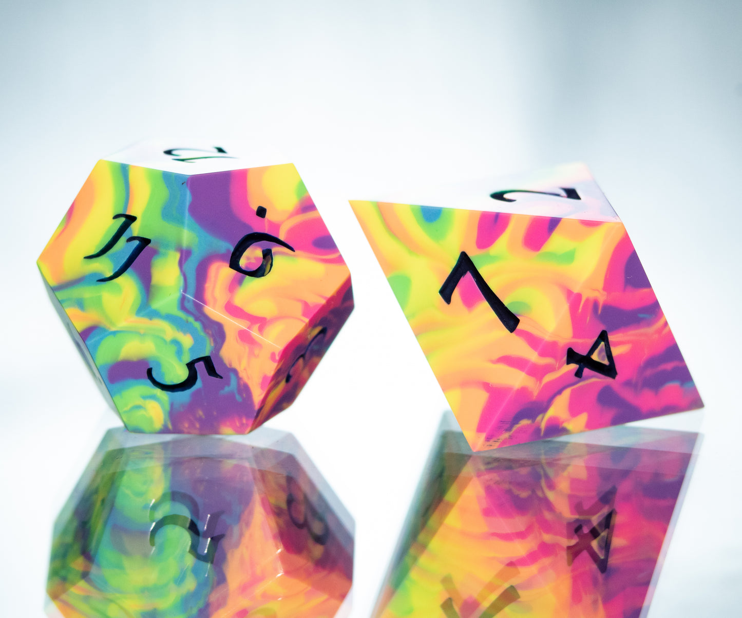 Neon Rainbow Dirty Pour: 7 Piece Handmade Resin Dice