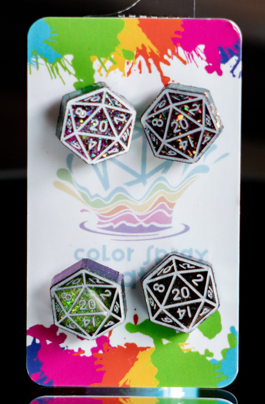 D20 Stud Earrings - 2 Pairs (Pink & Green)