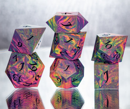 Neon Rainbow Dirty Pour: 7 Piece Handmade Resin Dice