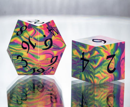 Neon Rainbow Dirty Pour: 7 Piece Handmade Resin Dice