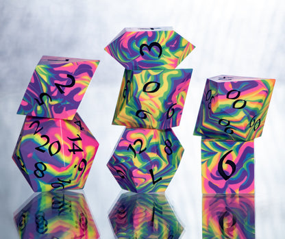 Neon Rainbow Dirty Pour: 7 Piece Handmade Resin Dice