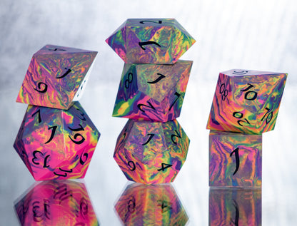 Neon Rainbow Dirty Pour: 7 Piece Handmade Resin Dice