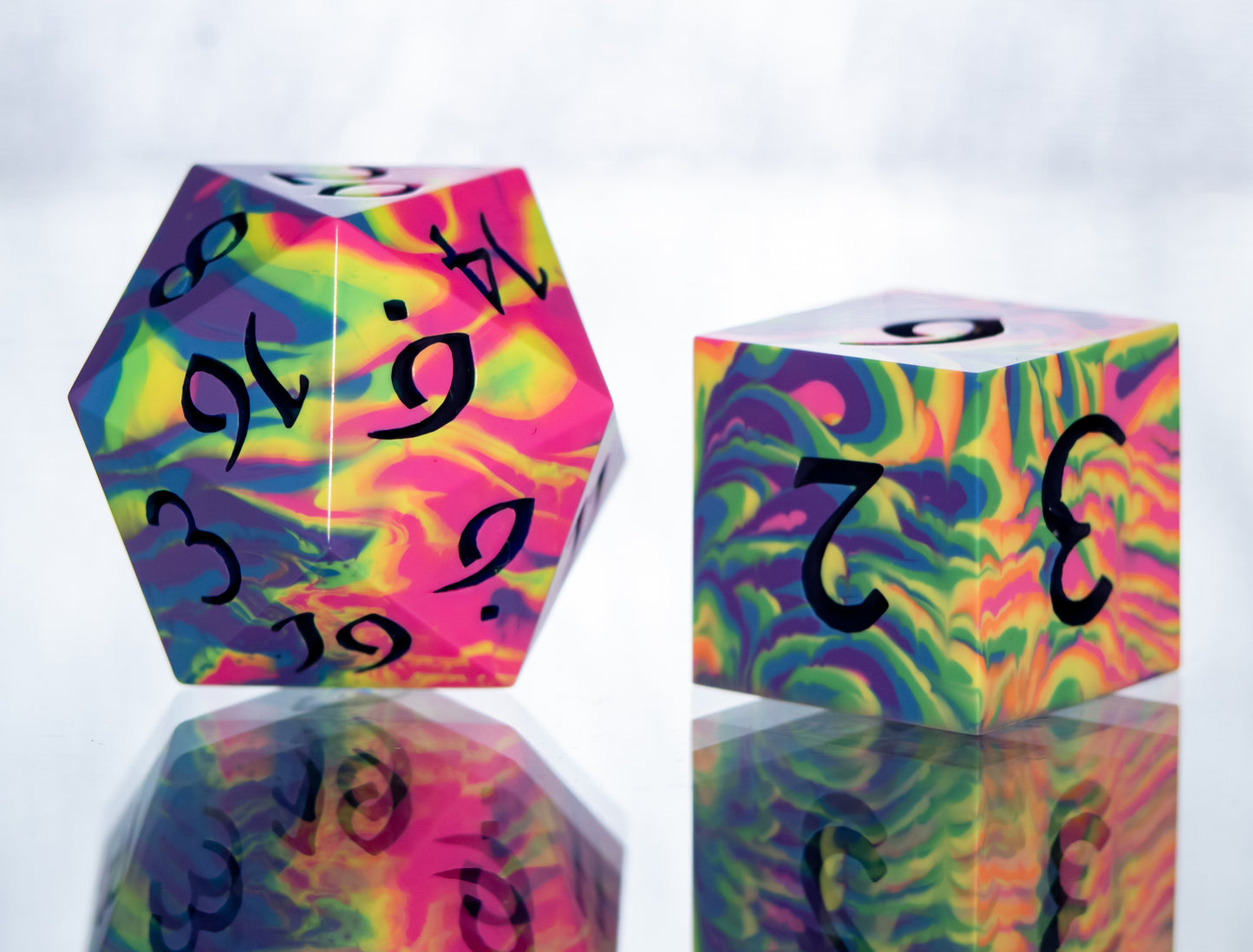 Neon Rainbow Dirty Pour: 7 Piece Handmade Resin Dice