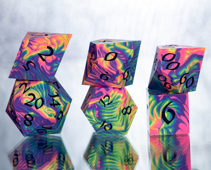 Neon Rainbow Dirty Pour: Alt 6 Piece Handmade Resin Dice