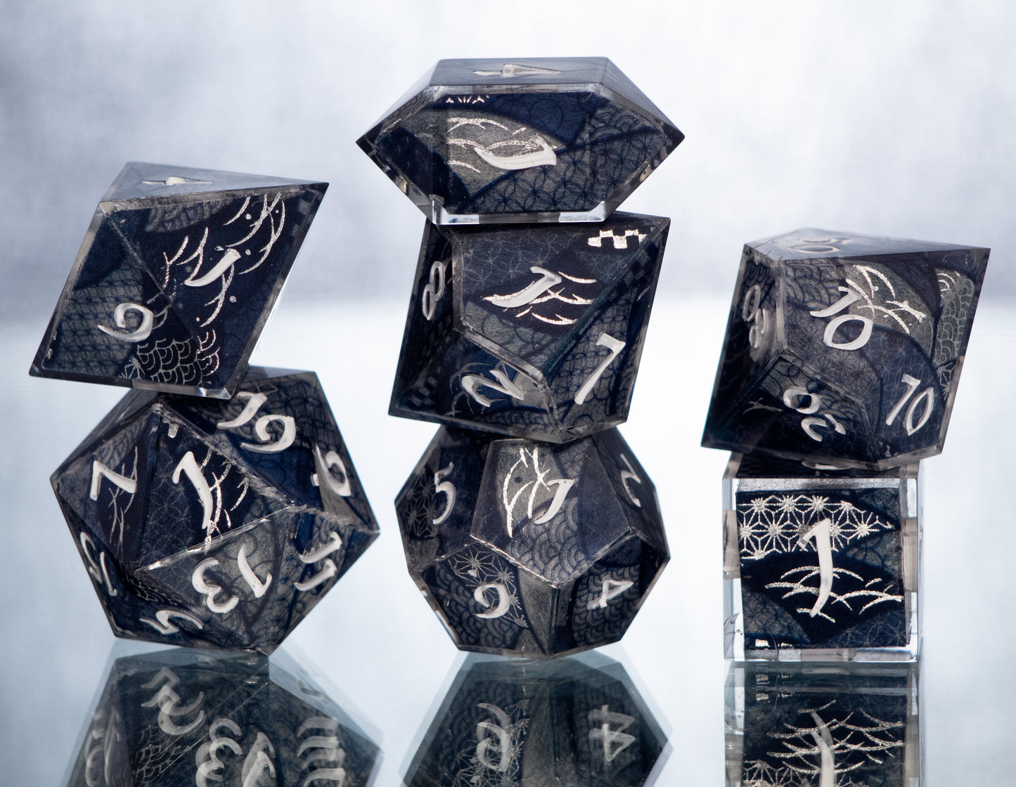 Aizome Fabric - FLAWED 7 Piece Handmade Resin Dice